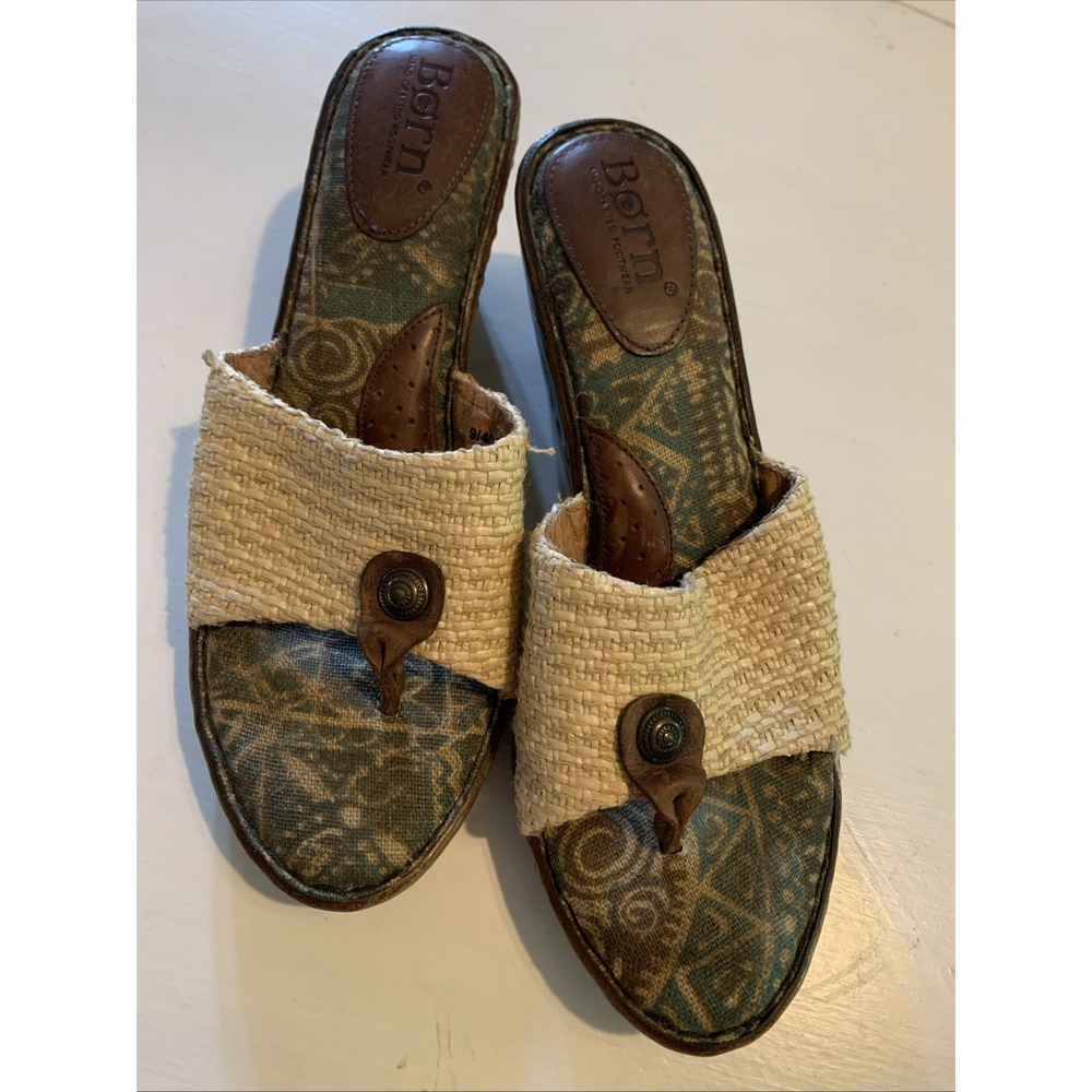 Born HandCrafted Footwear Weave Wedge Platform Raffia Sandals Slides Sz 9